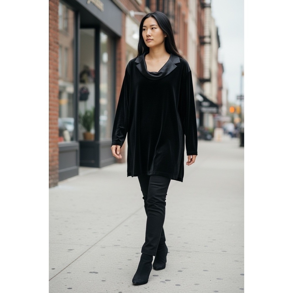 Liz Claiborne Night Long Sleeve Black Velvet Tunic Dress Satin Cowl Neck Size L